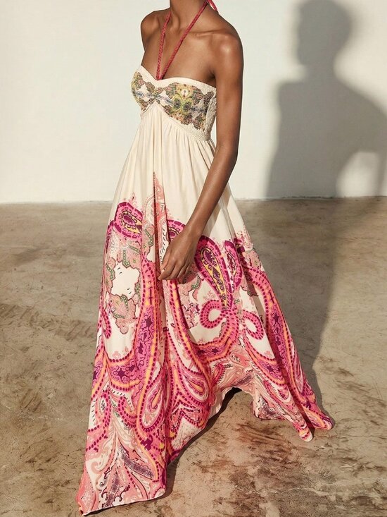 Dresses & Skirts - Multicolor Boho Womens Chiffon Tie-Dye Print Halter Neck Tie-Up Sleeveless Dress